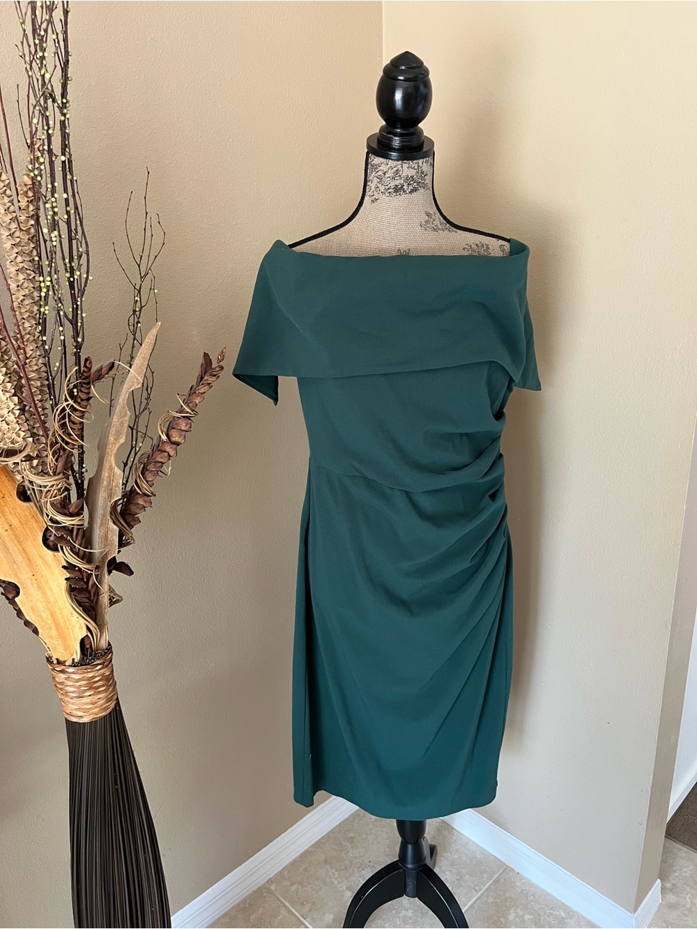 Vince Camuto Forest Green One-Shoulder Draped Sheath Dress